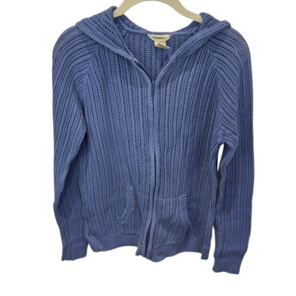 Blue Hooded Knit Zip-Front Cardigan Sweater